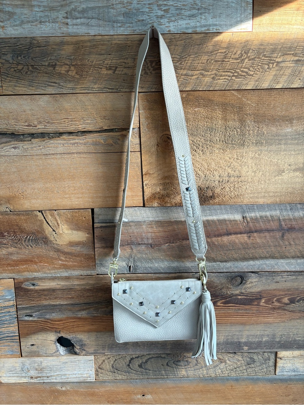 Steve Madden Cream Crossbody with Tassel and Stud Detail
